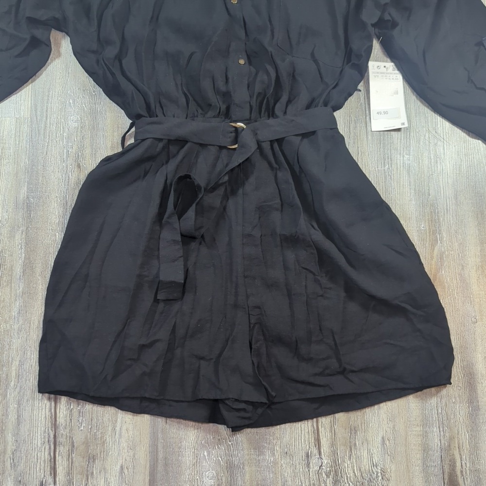 Zara Basic Shorts Romper Black 3/4 Sleeve Belted Women's Size XL NWT Summertime - Picture 2 of 14